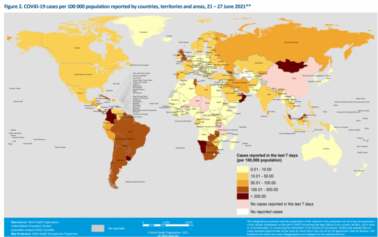 Коронавірус у світі - кількість випадків на 100 тисяч населення червень 2021