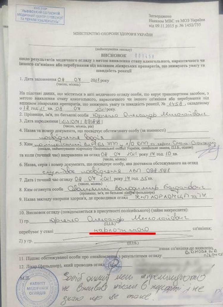 Висновок про наркотичне сп"яніння нардепа Юрченка
