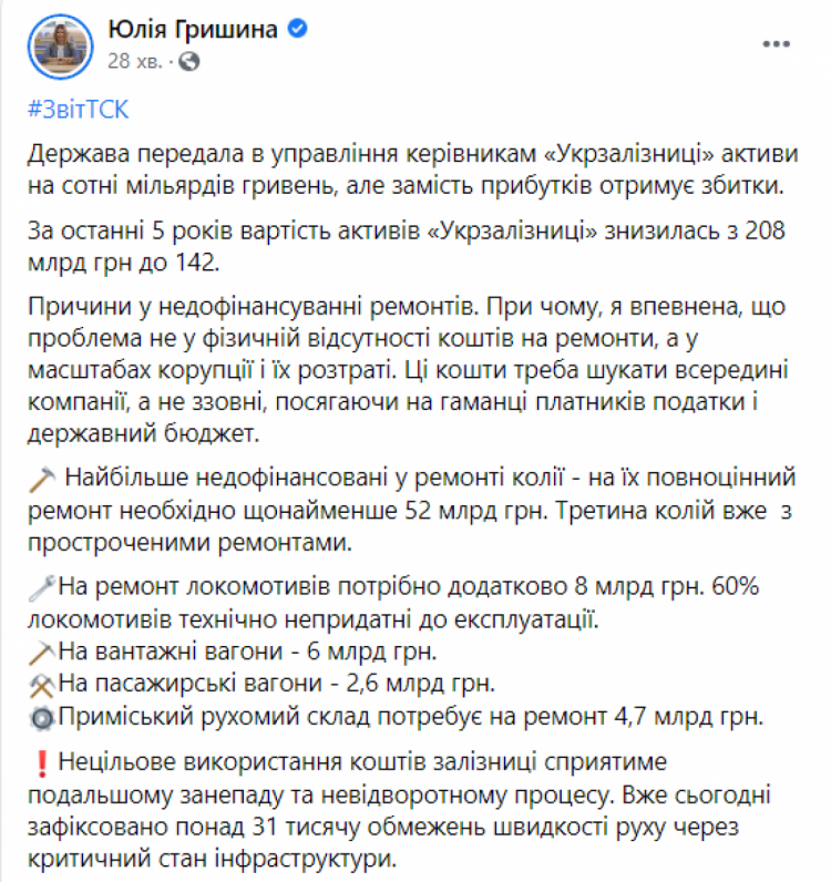 Гришина про проблеми в Укразалізниці - допис у ФБ