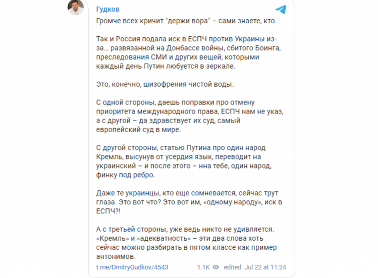Гудков об иске России против Украины в ЕСПЧ — сообщение в ТГ