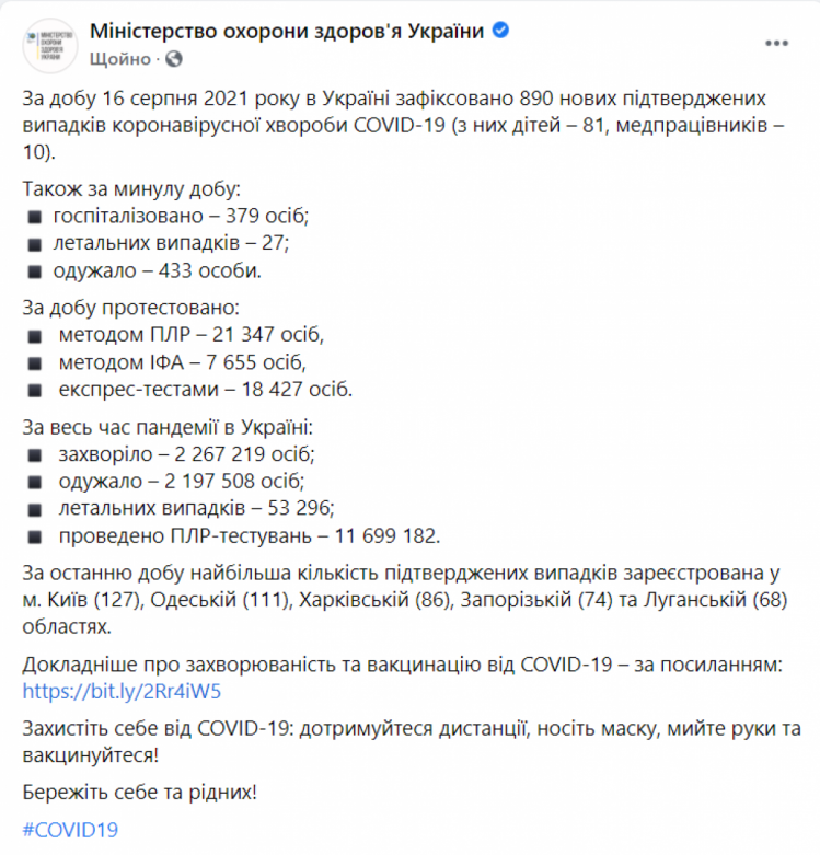 Коронавирус в Украине на 17 августа 2021