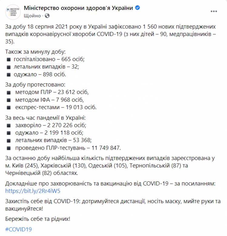Коронавірус в Україні на 19 серпня 2021