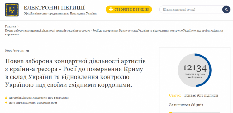 Петиция шоумена Игоря Кондратюка о запрете гастролей российских музыкантов в Украине за первые 5 дней набрала 12134 подписей с 25000 необходимых