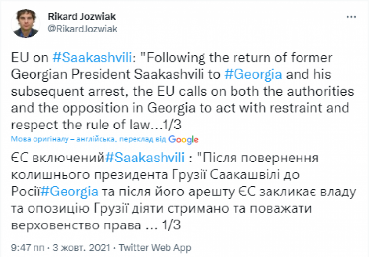 Затримання Саакашвілі в Грузії: Як відреагували в ЄС - повідомлення 1