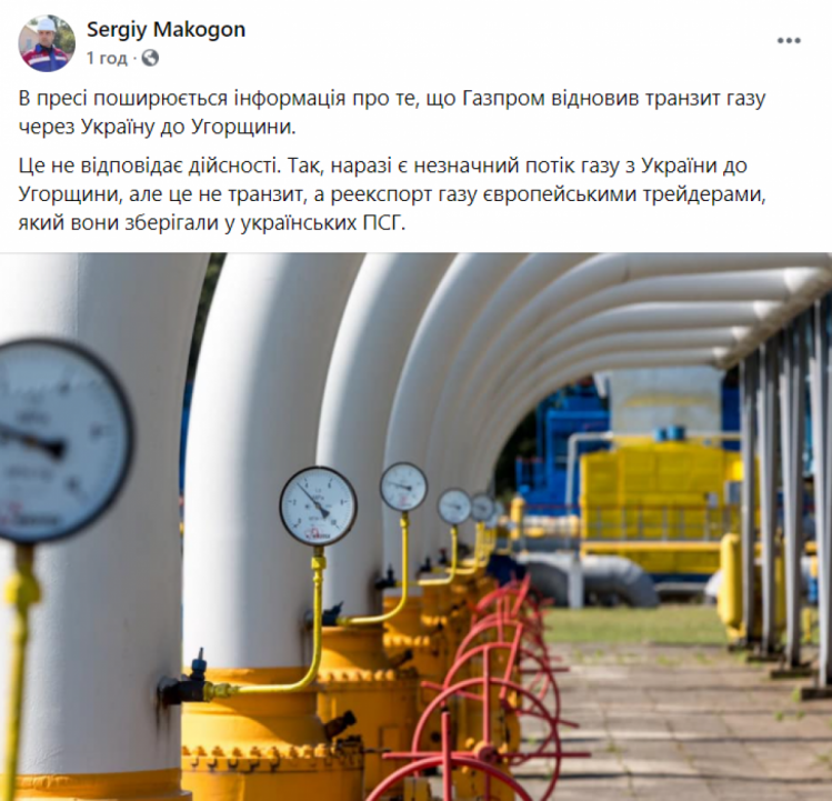 Сеогій Макогон про припинення транзиту газу до Угорщини - допис у ФБ