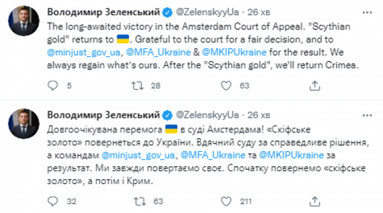 "Завжди повертаємо своє": Зеленський відреагував на перемогу України в суді за "скіфське золото"