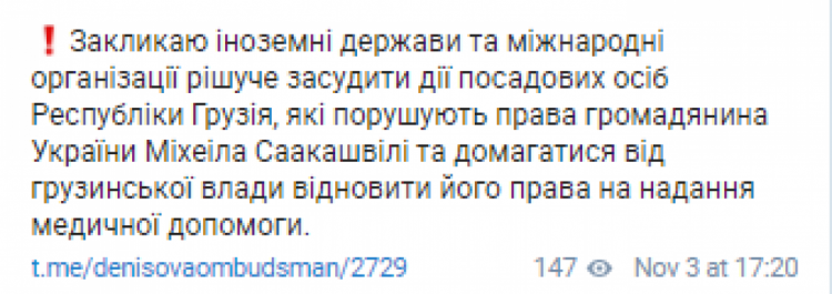 Денисова прокомментировала состояние здоровья Саакашвили в тюрьме