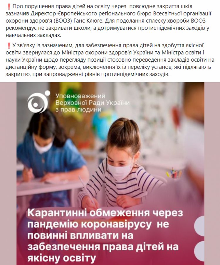 Денисова: дистанционное обучение в школах нарушает право детей на образование