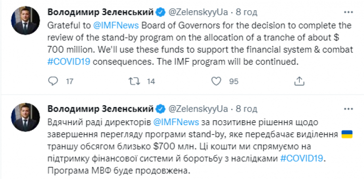 Рішення МВФ про транш у $700 млн привітав президент України Володимир Зеленський