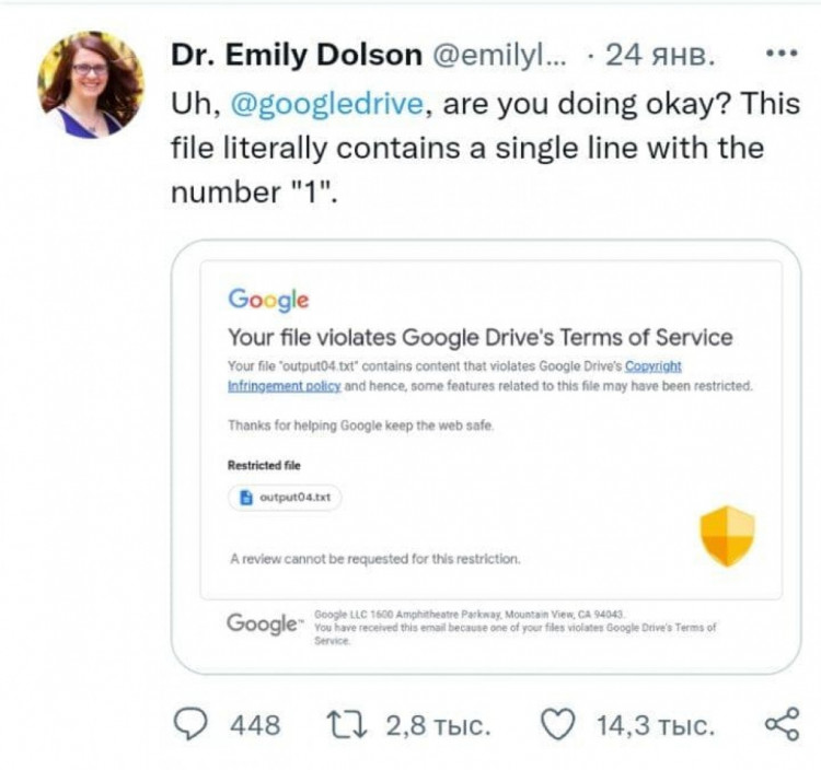 Допис користувачки про те, як Google почав блокувати документи