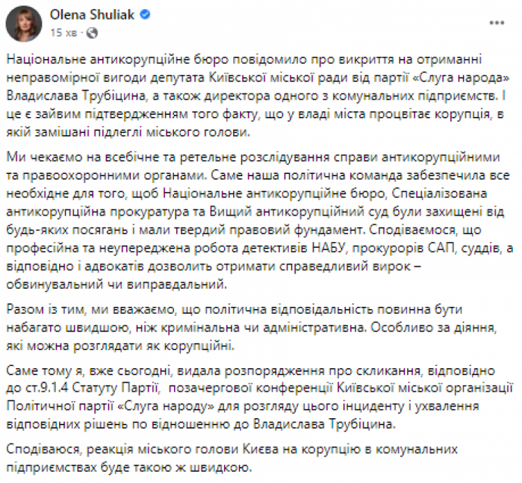 Главы "слуг" Шуляк прокомментировала скандал с Трубицыным