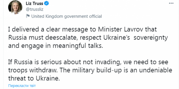 Трасс пояснила Лаврову, що Росія має негайно піти на деескалацію ситуації навколо України