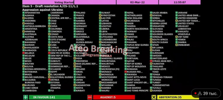 "За" – 141, "против" – 5. Так Генассамблея ООН проголосовала за резолюцию с требованием к России вывести войска с территории Украины