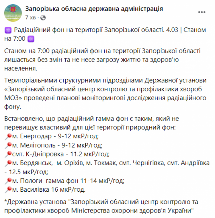 Радиационный фон запорожская аэс